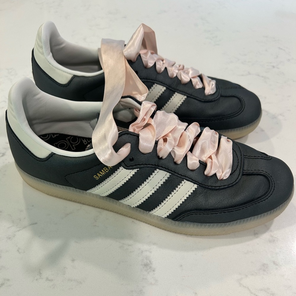 Adidas Samba Black Sneakers with Satin Pink Laces